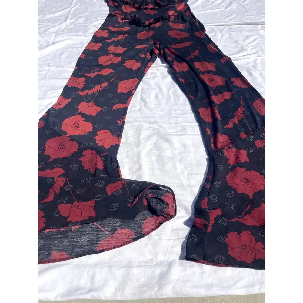Free People Austyn Red Floral Black Goth Boho Bell Bottom Ruffle Jumpsuit Med